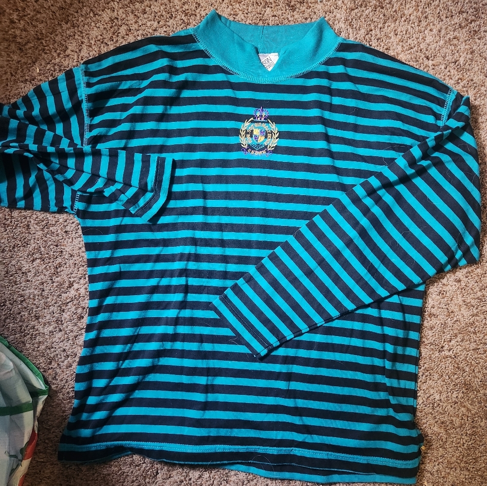 Vintage Jason Maxwell Teal and Black Striped Shirt with Embroidered Crest